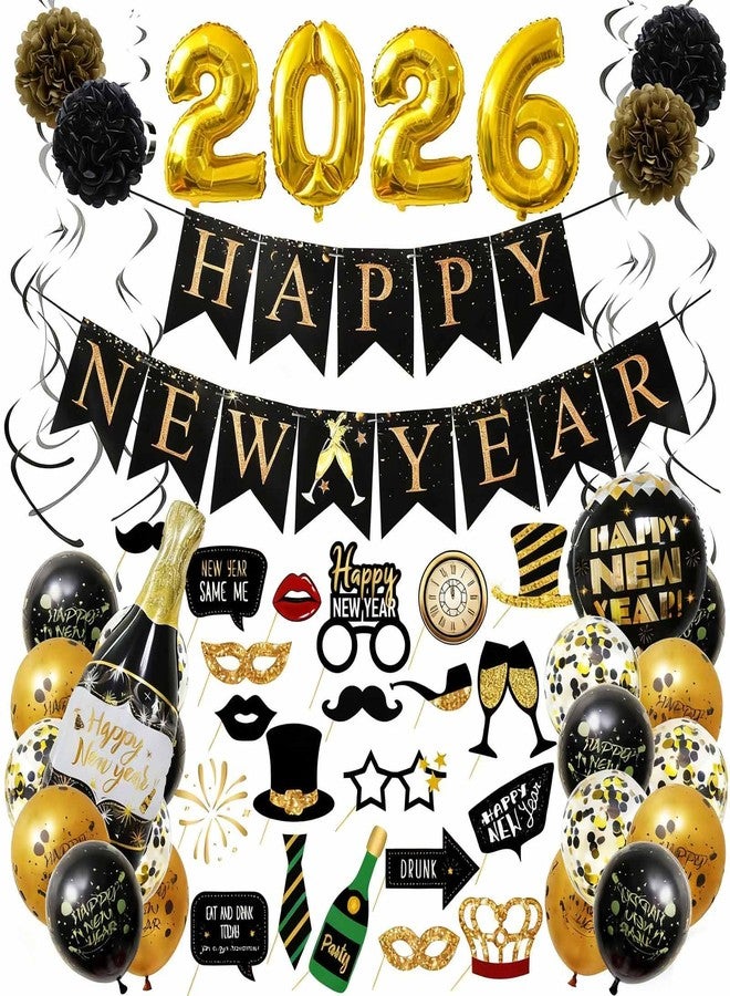 WEIKA Happy New Year Party Decoration 2026 - New Years Eve Party Supplies 2026 Foil Balloon, Happy New Year Banner, New Years Photo Props, Gold Black Bunting Swirl Streamers, Pom Poms New Years Décor - Image 1